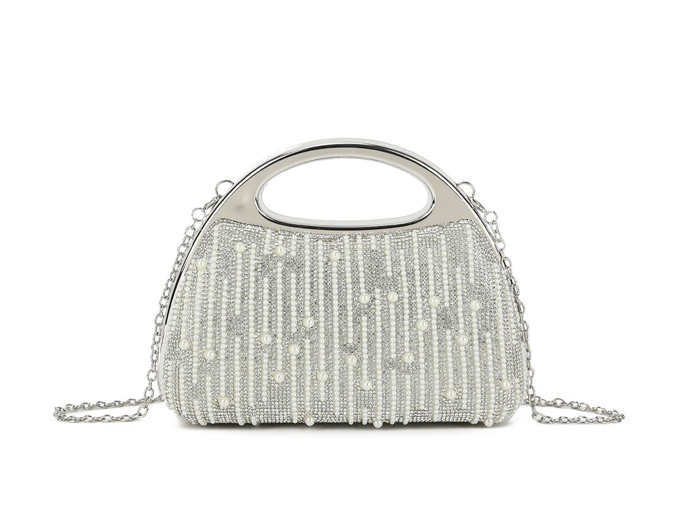 Gold Pearl Beaded Evening Clutch Bag – Luxury Rhinestone Fringe Handbag with Metal Handle, Elegant Wedding Party & Formal Occasion Purse for Women