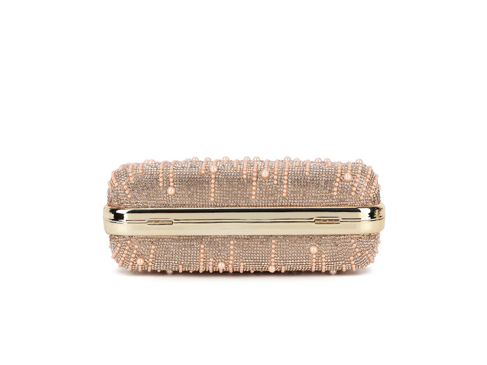 Gold Pearl Beaded Evening Clutch Bag – Luxury Rhinestone Fringe Handbag with Metal Handle, Elegant Wedding Party & Formal Occasion Purse for Women