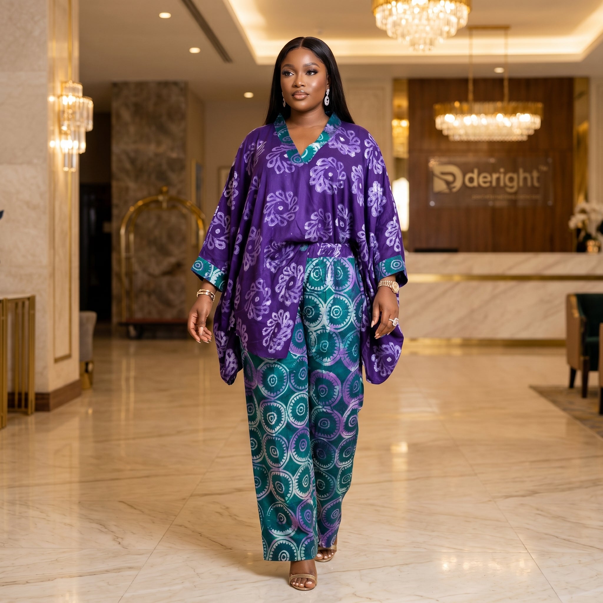 Women's Nigerian Adire Print Kaftan Top & Wide-Leg Trousers 2-Piece Set – African Occasion Wear | DerightFS