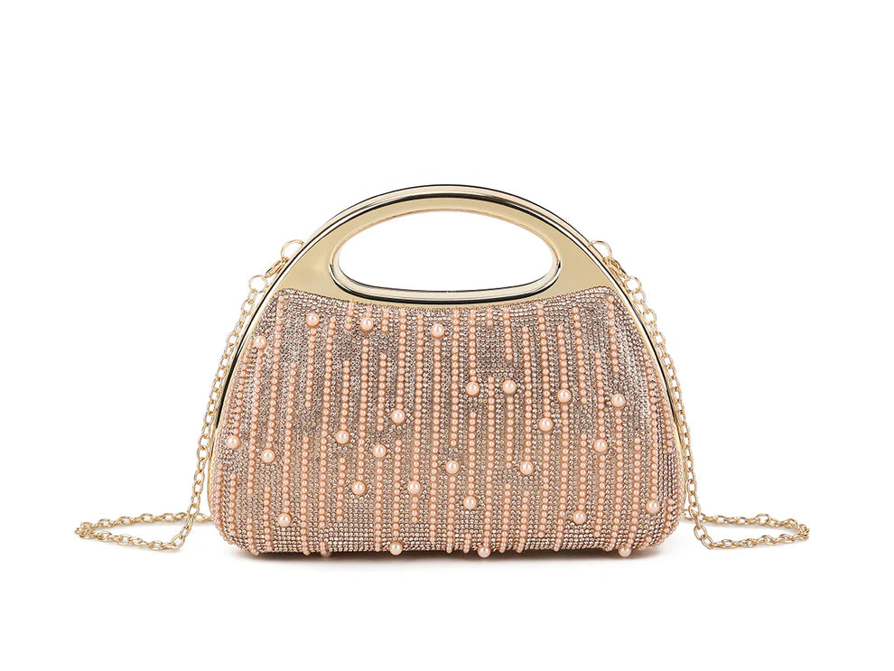 Gold Pearl Beaded Evening Clutch Bag – Luxury Rhinestone Fringe Handbag with Metal Handle, Elegant Wedding Party & Formal Occasion Purse for Women