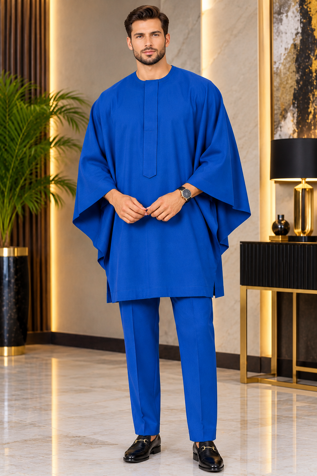 Men’s Cobalt Blue Agbada Kaftan Set with Trousers | Luxury African Wear