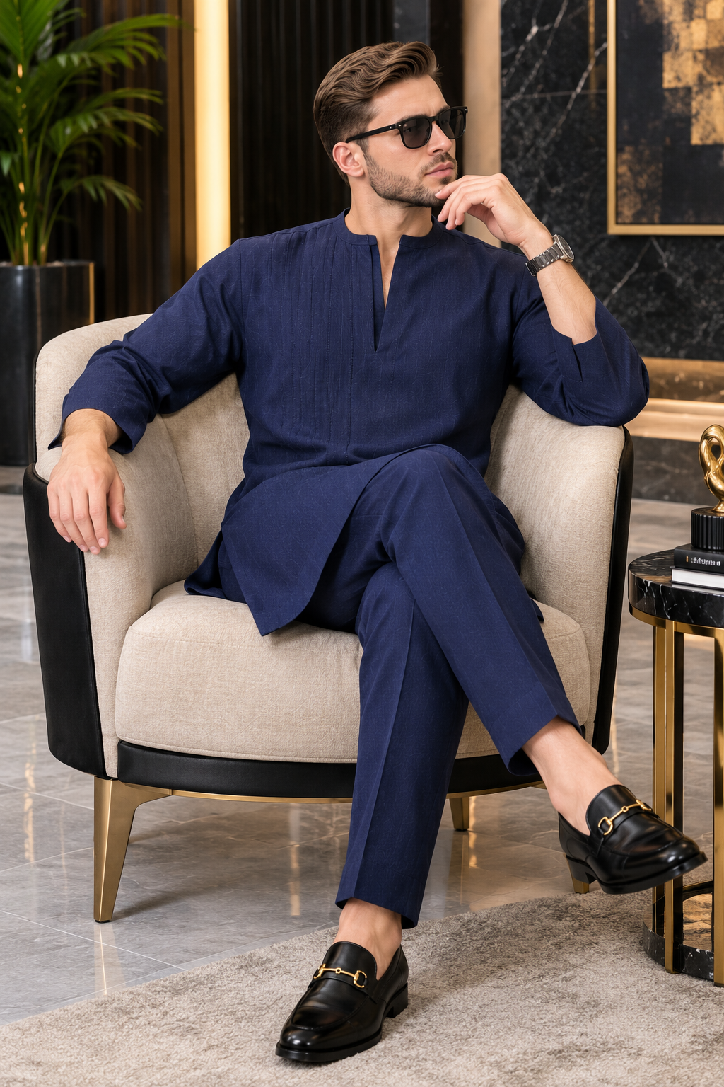 Men’s Navy Blue Kaftan Set with Tailored Trousers | Luxury Traditional Wear