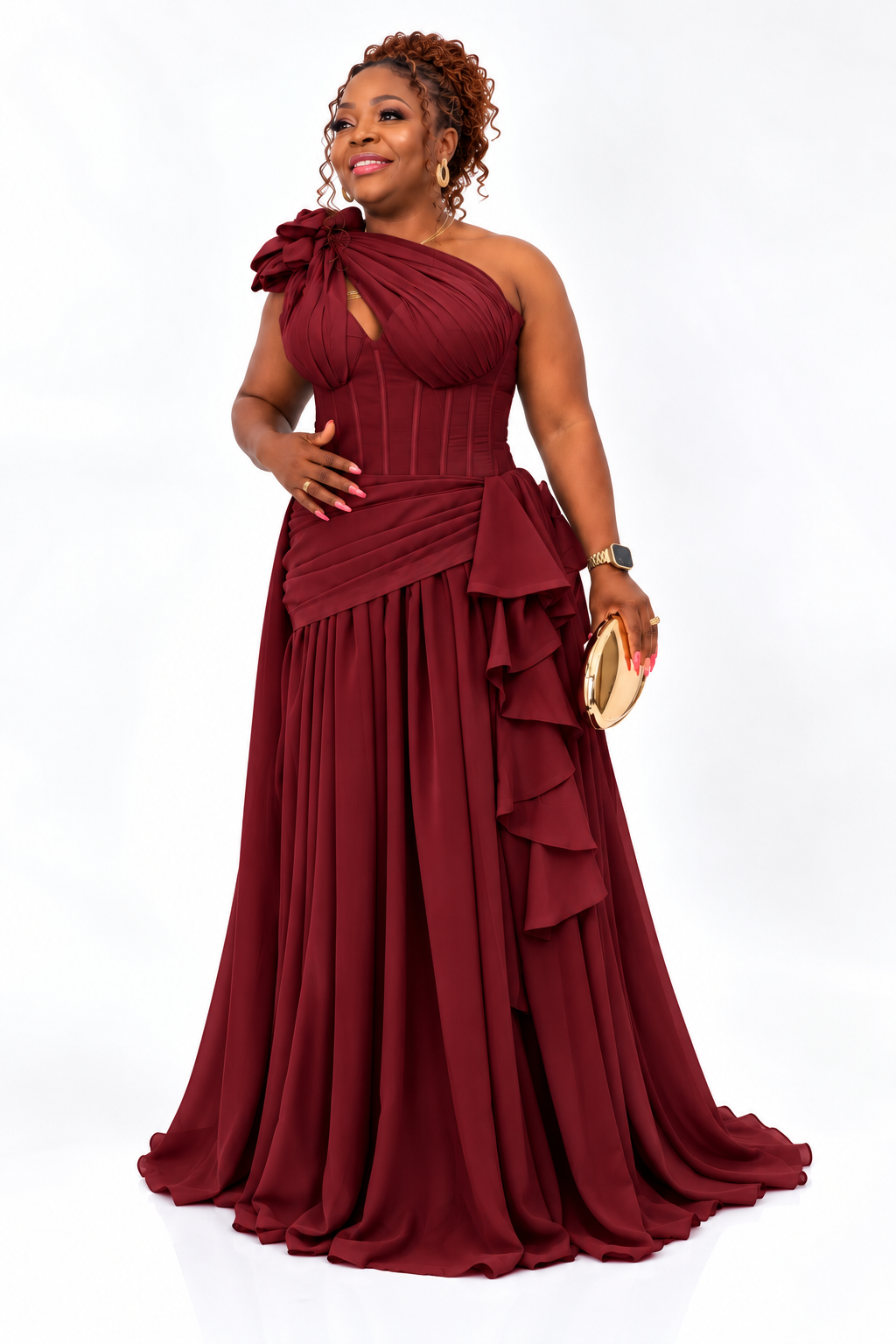 Woman wearing The Capital Diva one-shoulder corset gown in burgundy - Deright Fashion Store UK