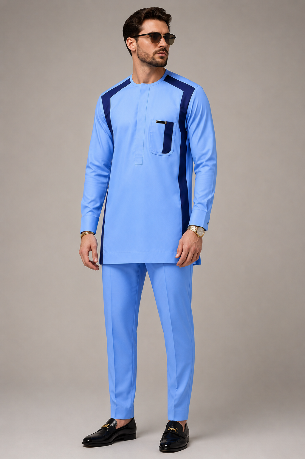 Men's Sky Blue Colour-Block Kaftan Two-Piece | Long Sleeve African Tunic with Navy Trim | Ready to Wear