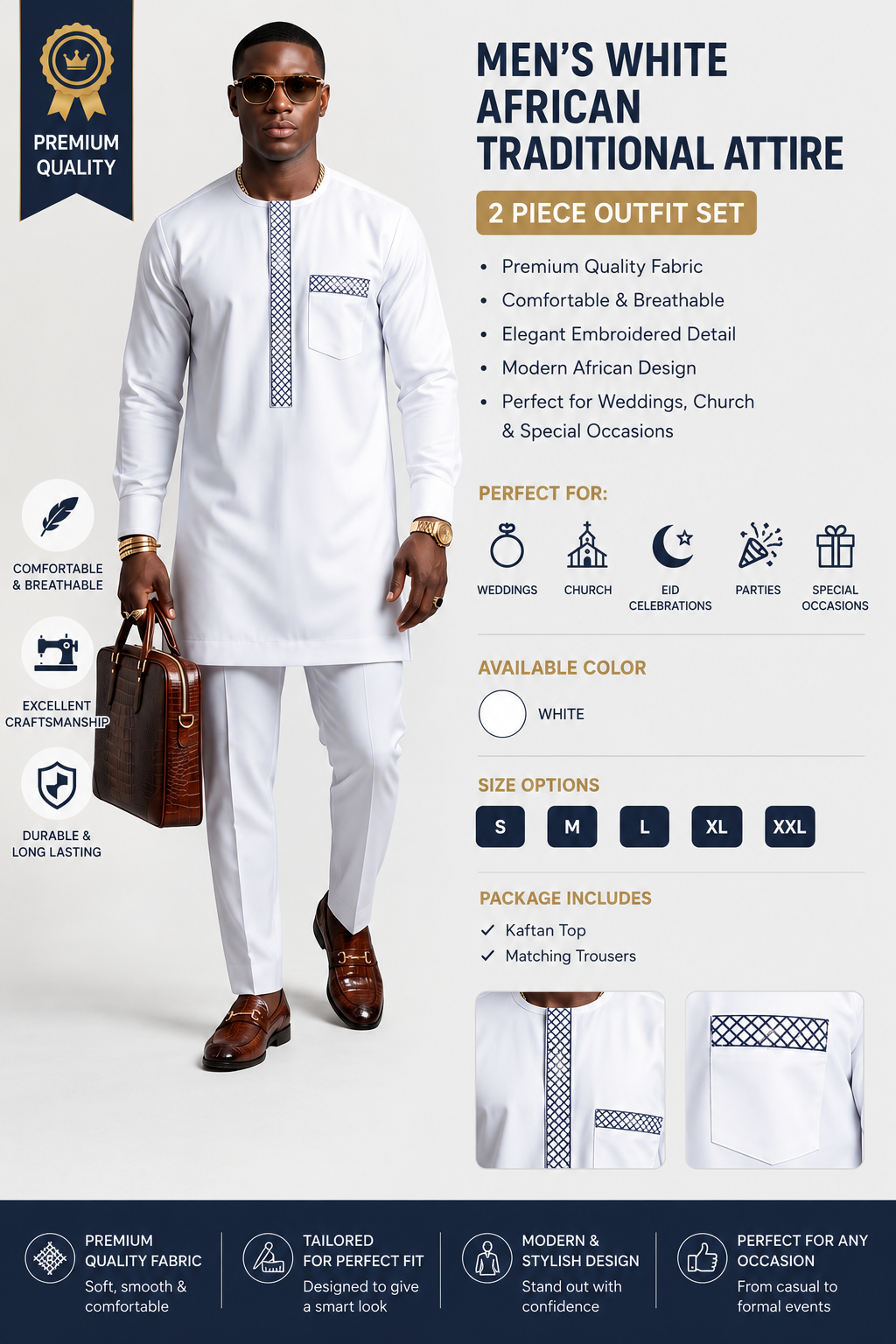 White Senator Kaftan Set – Men's Embroidered African Two-Piece Outfit | Deright Fashion Store