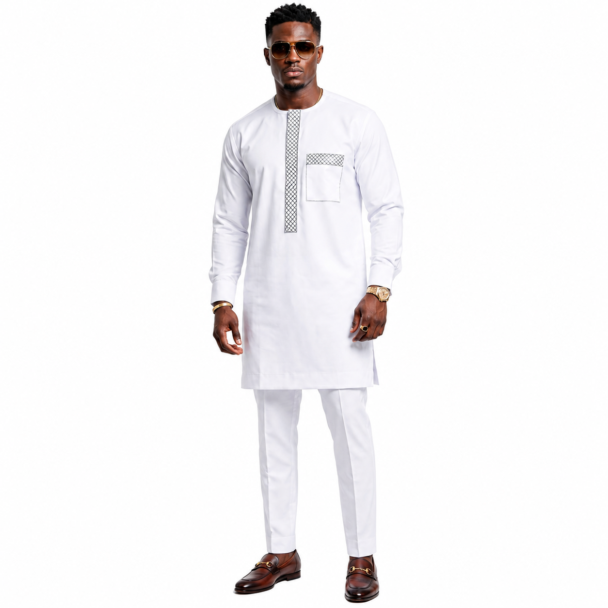 White Senator Kaftan Set – Men's Embroidered African Two-Piece Outfit | Deright Fashion Store