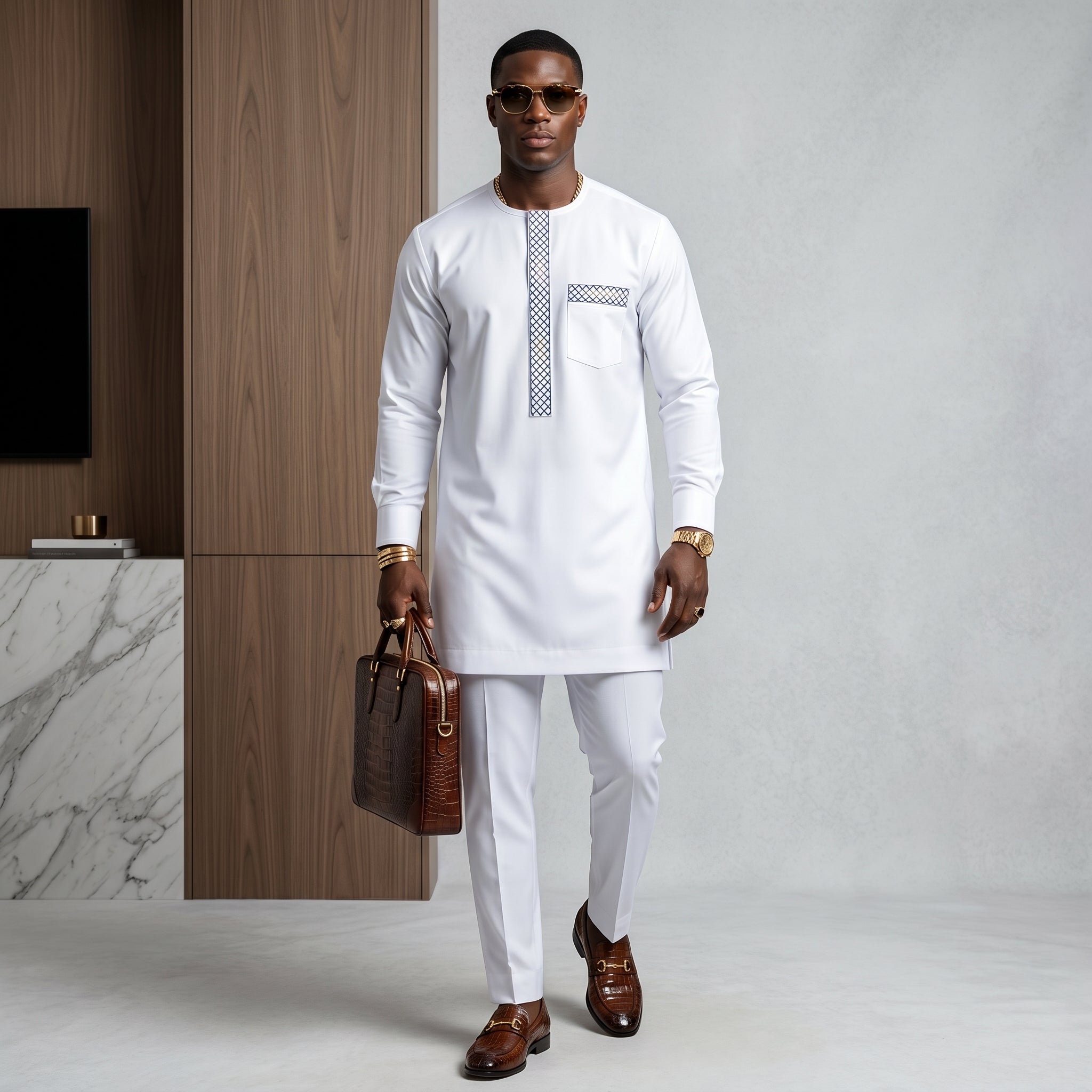 White Senator Kaftan Set – Men's Embroidered African Two-Piece Outfit | Deright Fashion Store