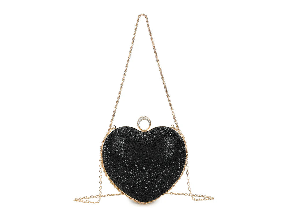 Women’s Heart Shaped Rhinestone Clutch Bag – Sparkly Crystal Evening Purse with Chain Strap, Luxury Party, Wedding, Prom & Formal Handbag