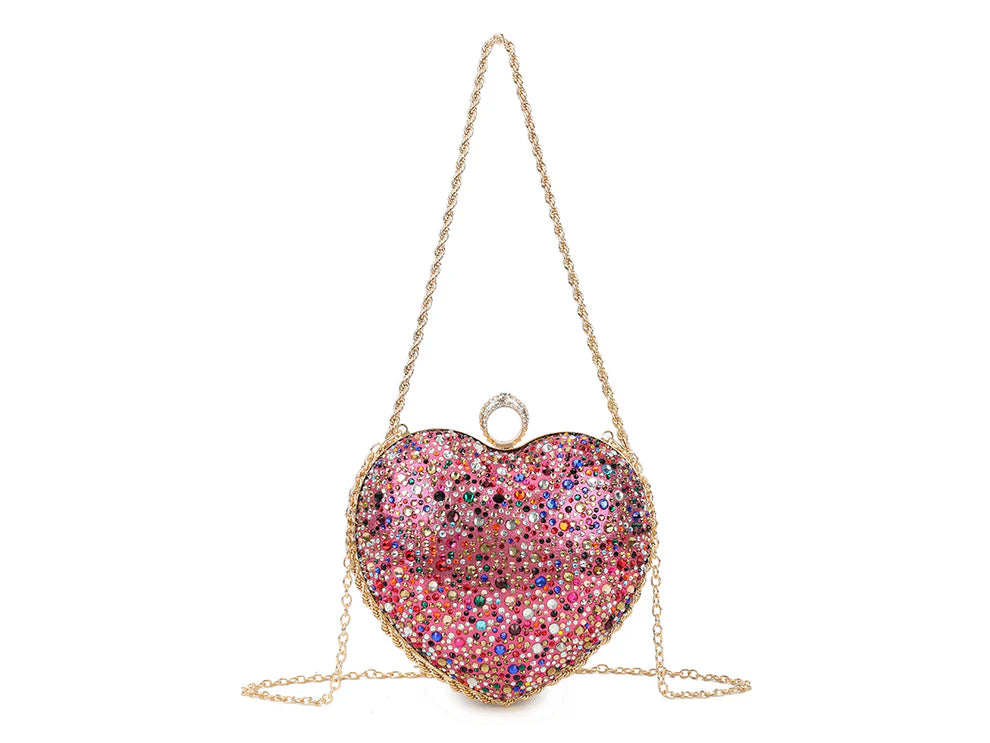 Women’s Heart Shaped Rhinestone Clutch Bag – Sparkly Crystal Evening Purse with Chain Strap, Luxury Party, Wedding, Prom & Formal Handbag