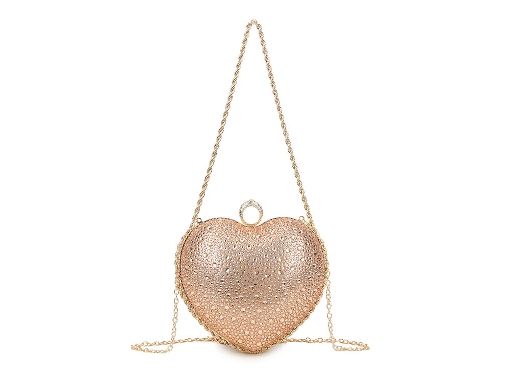 Women’s Heart Shaped Rhinestone Clutch Bag – Sparkly Crystal Evening Purse with Chain Strap, Luxury Party, Wedding, Prom & Formal Handbag
