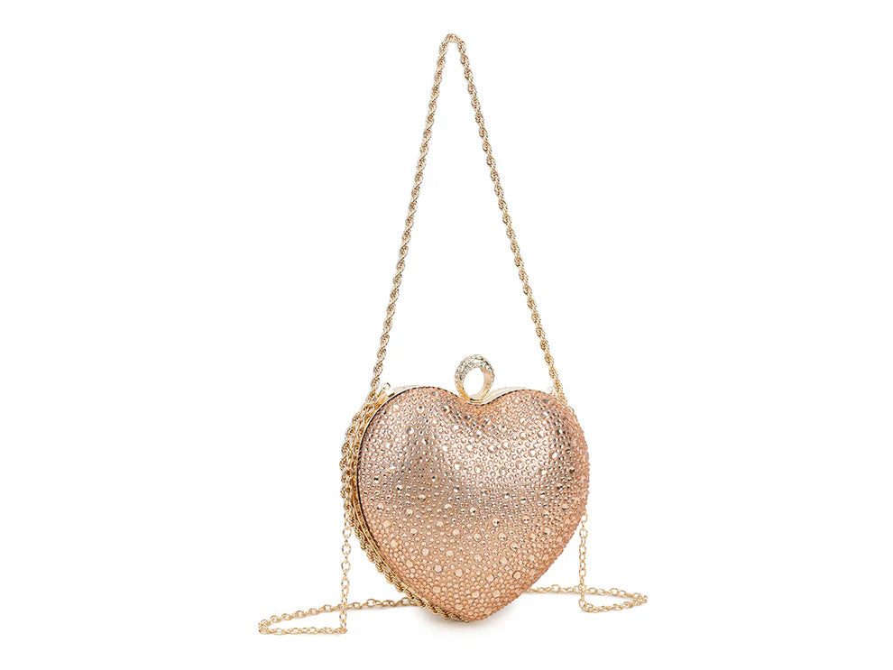 Women’s Heart Shaped Rhinestone Clutch Bag – Sparkly Crystal Evening Purse with Chain Strap, Luxury Party, Wedding, Prom & Formal Handbag