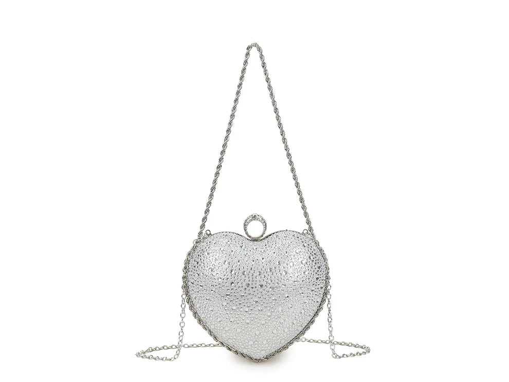 Women’s Heart Shaped Rhinestone Clutch Bag – Sparkly Crystal Evening Purse with Chain Strap, Luxury Party, Wedding, Prom & Formal Handbag