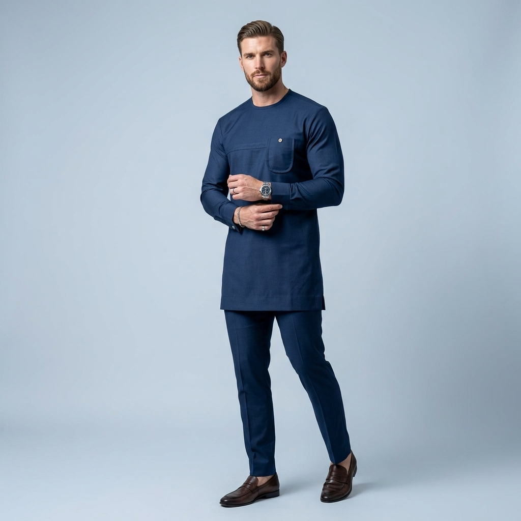 Men's Navy Blue Senator Two-Piece Set | Bespoke African Luxury Menswear UK | DerightFS