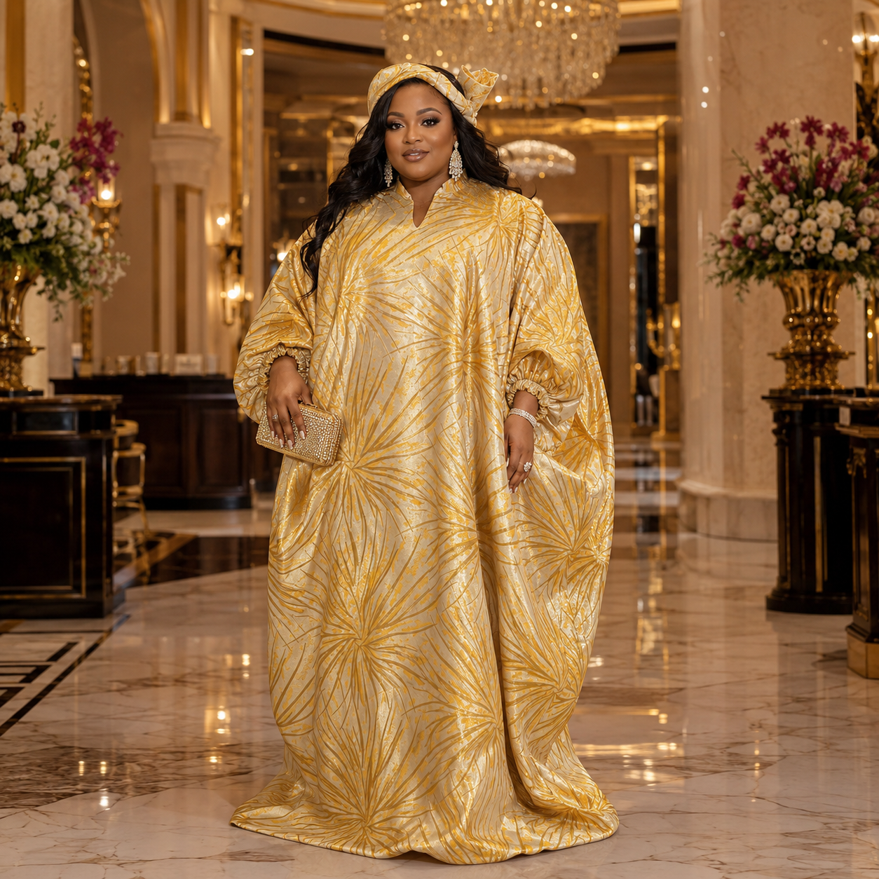 Women's Gold & Cream Metallic Boubou Kaftan | Luxury African Occasion Wear | Wedding Guest Dress | Deright Fashion Store