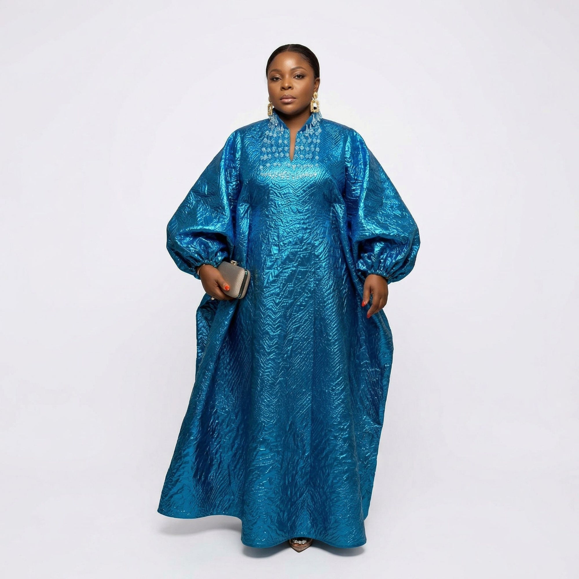DerightFS Luxury Teal Blue Metallic Kaftan Dress – One Size Fits UK 8–24 Adjustable Boubou Maxi Gown for Weddings, Parties & Special Occasions