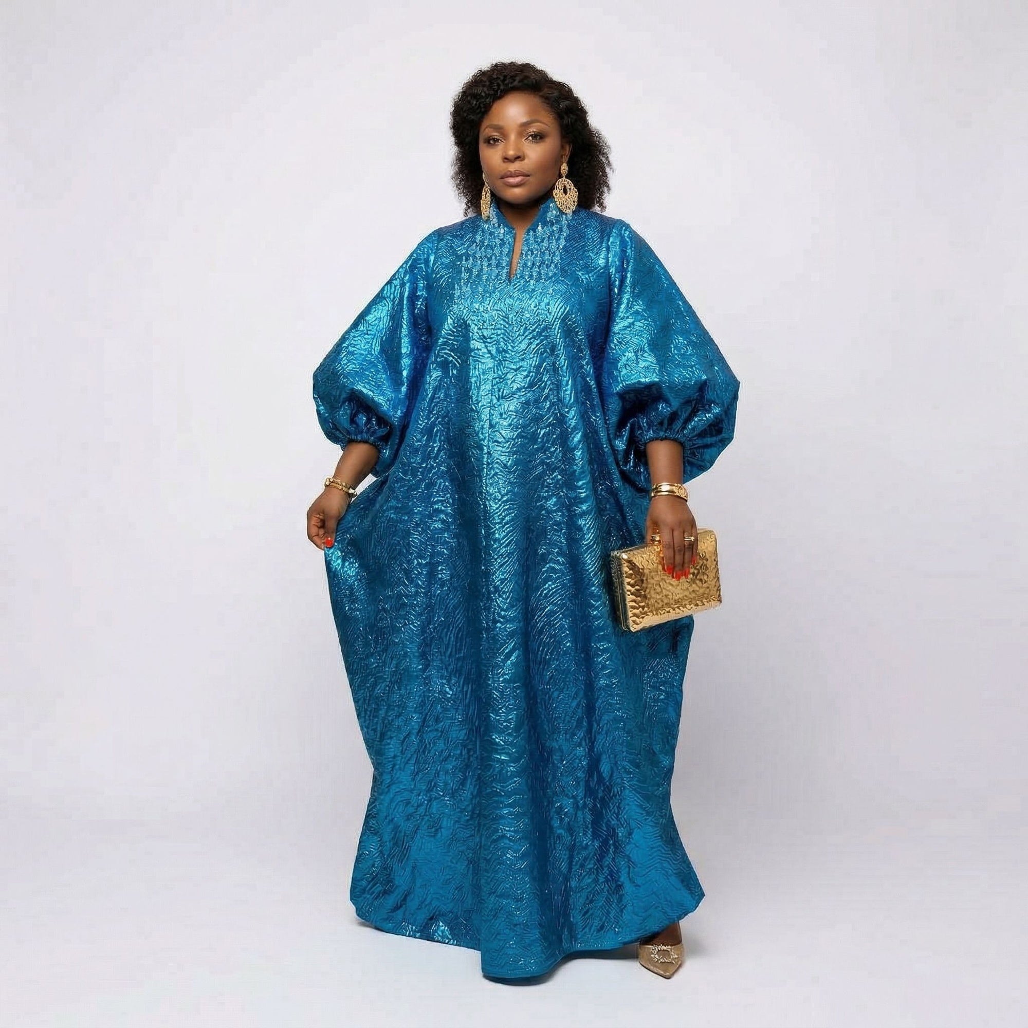 DerightFS Luxury Teal Blue Metallic Kaftan Dress – One Size Fits UK 8–24 Adjustable Boubou Maxi Gown for Weddings, Parties & Special Occasions