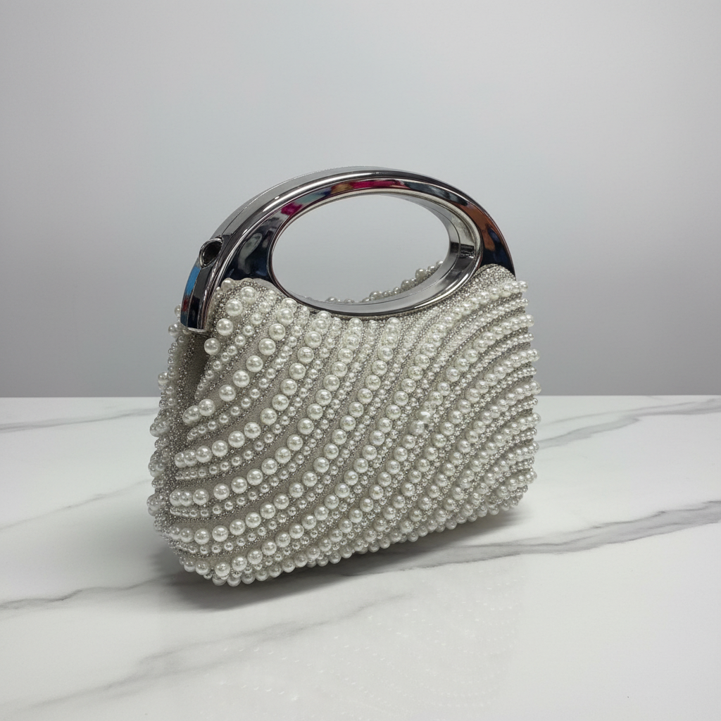 Luxury Beaded Evening Clutch Bag for Women – Pearl & Rhinestone Handbag with Metal Handle, Wedding Party Cocktail Purse