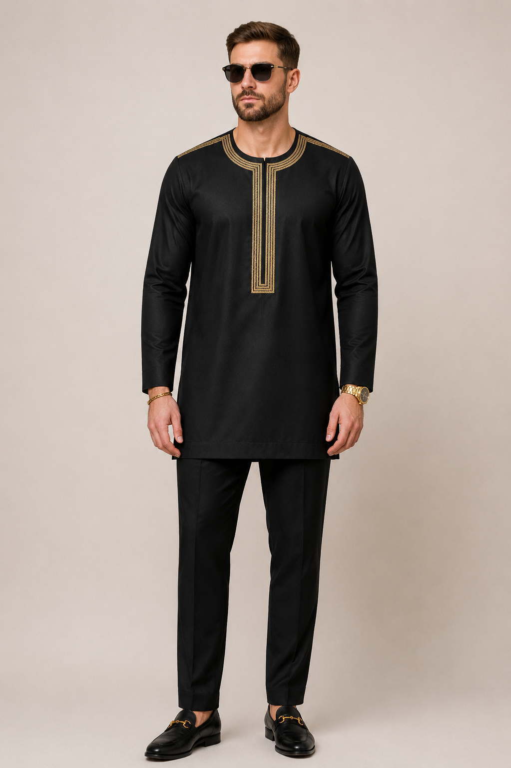 Men's Black Gold Embroidered Kaftan Two-Piece | Long Sleeve African Senator Set | Ready to Wear
