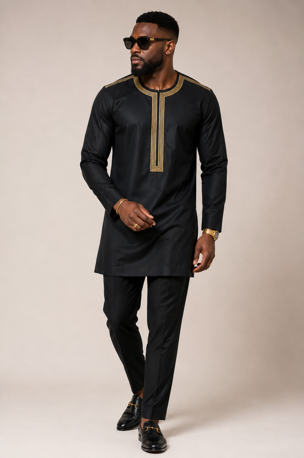Men's Black Gold Embroidered Kaftan Two-Piece | Long Sleeve African Senator Set | Ready to Wear