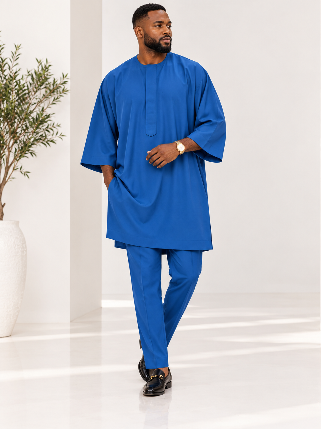 Men's Royal Blue Jonkoso Crepe Danshiki Two-Piece Set – Luxury Relaxed-Fit African Wear | DerightFS