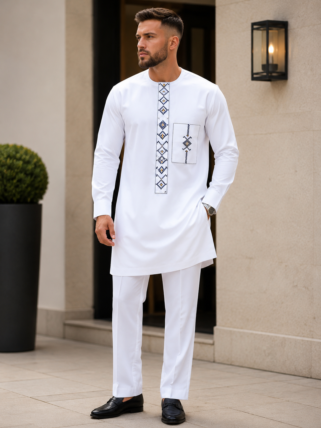 White Embroidered Senator Kaftan Set for Men