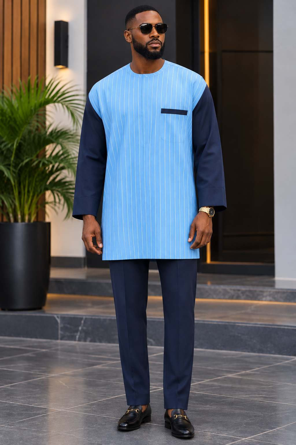 Men’s Sky Blue Pinstripe Kaftan Set with Navy Trousers | Luxury African Menswear