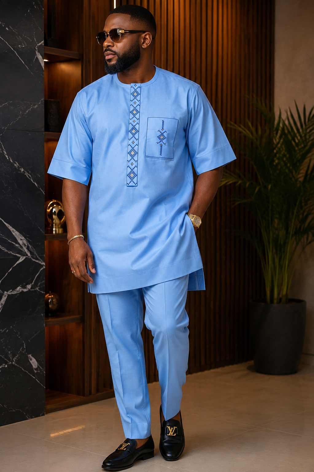 Men's Sky Blue Embroidered Kaftan Two-Piece | Short Sleeve Agbada Set with Trousers