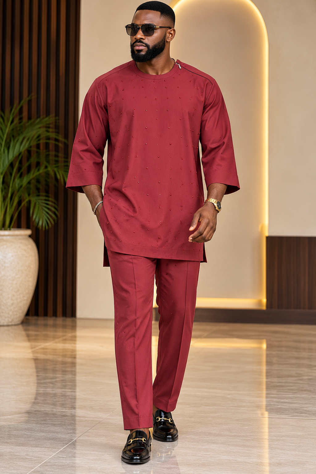 Men's Burgundy Jonkoso Crepe Two-Piece Kaftan Set – Fully Stone-Embellished Front | DerightFS