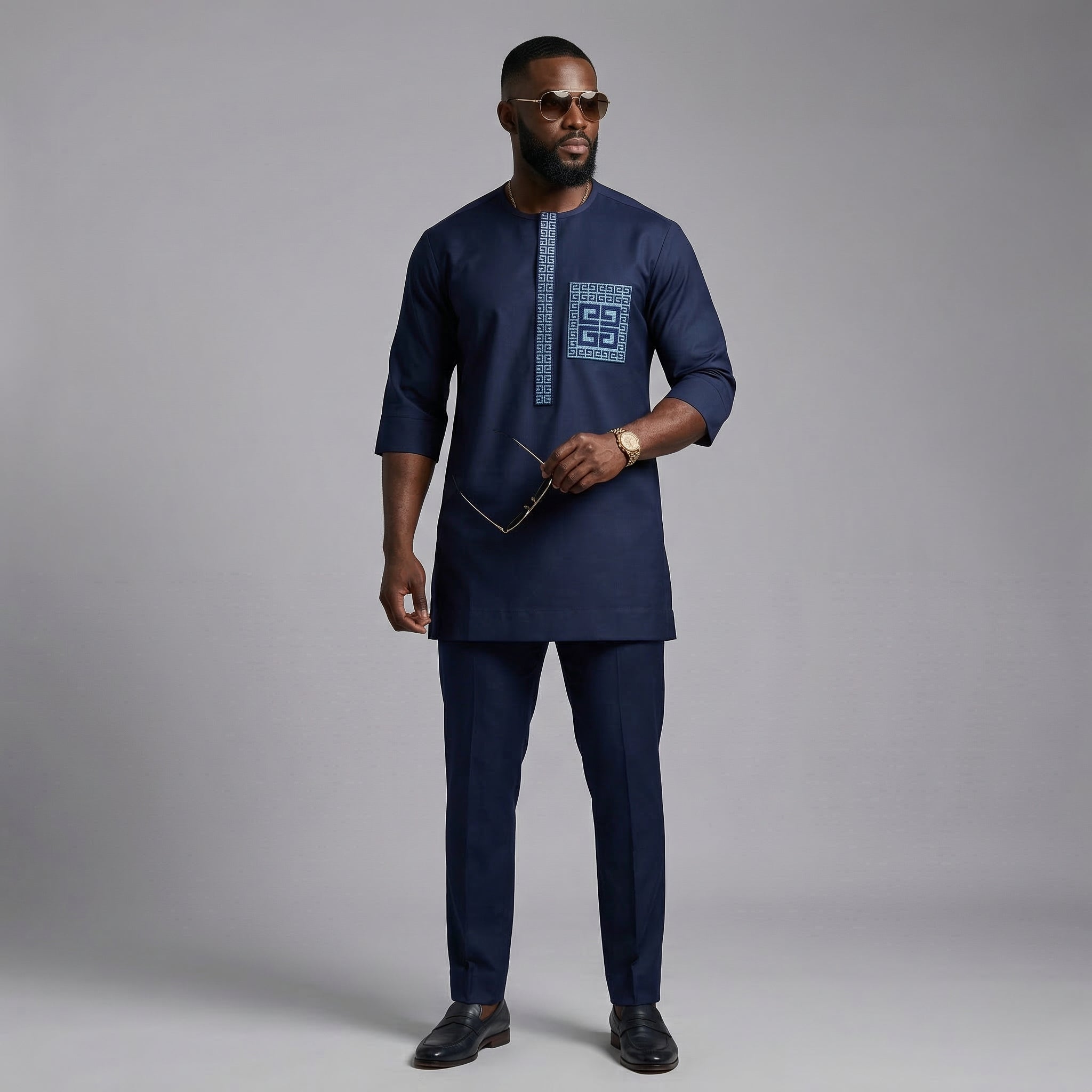 DerightFS Luxury Navy Blue Men’s Kaftan Set – African Senator Wear with Embroidery, 3/4 Sleeve Traditional Outfit with Matching Trousers