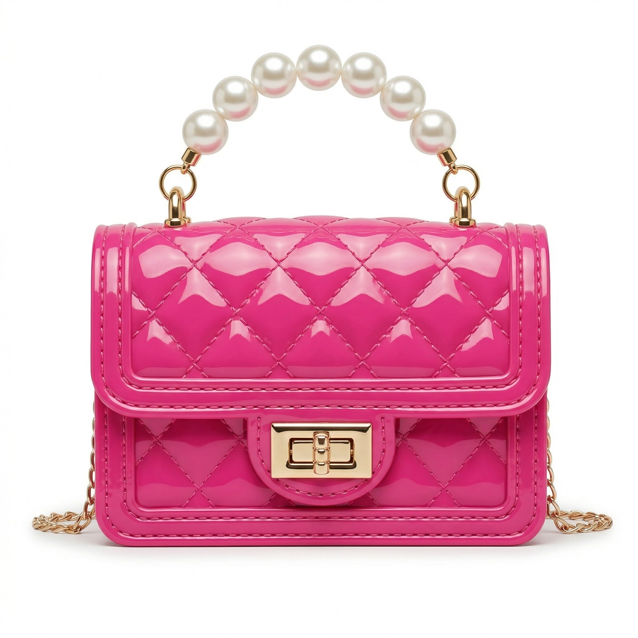 DerightFS Hot Pink Quilted Mini Handbag – Luxury Patent Leather Shoulder Bag with Pearl Handle & Gold Lock