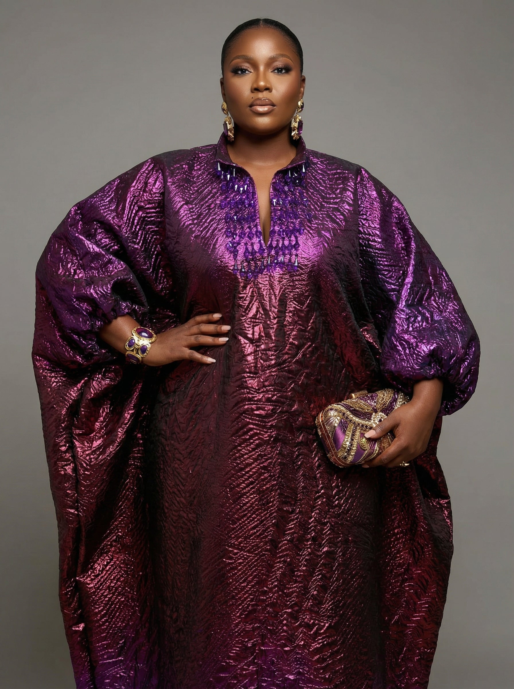 DerightFS Luxury Nigerian African Bubu Kaftan Maxi Dress – Metallic Purple Statement Evening Gown, Elegant Plus Size Formal Party & Wedding Wear for Women (One Size Fits)