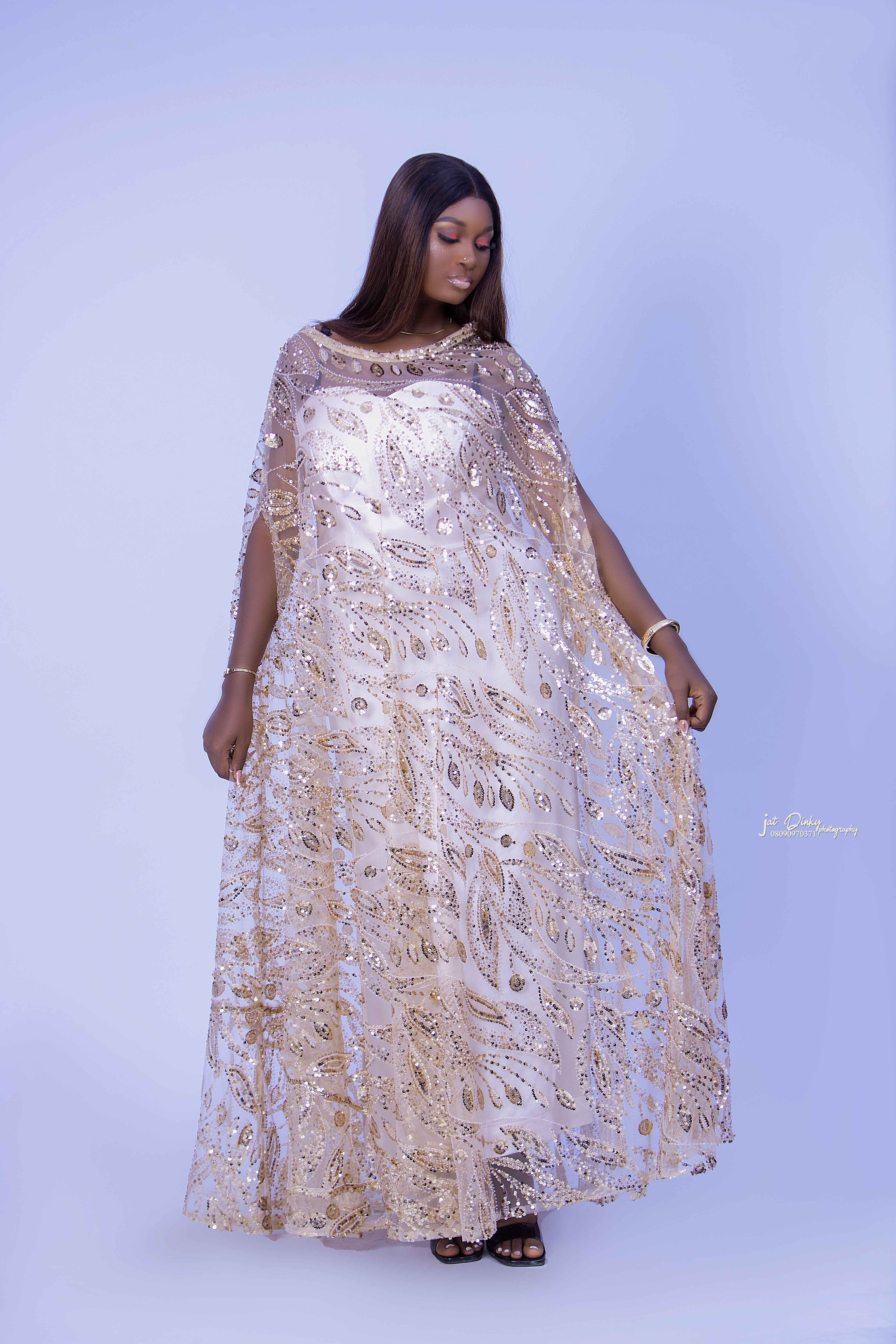 Gold Beaded Lace Boubou Dress with Inner Wear