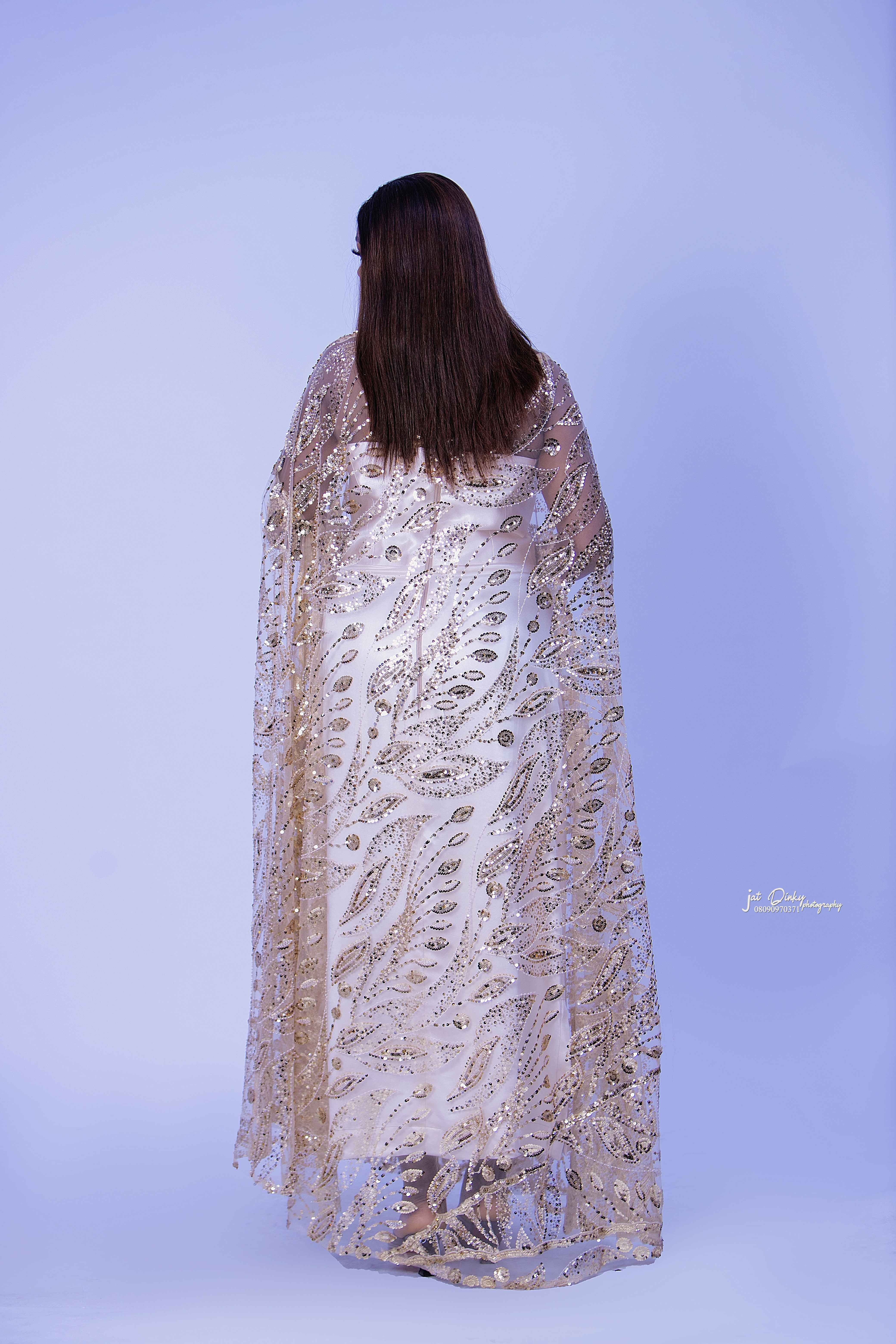 Gold Beaded Lace Boubou Dress with Inner Wear