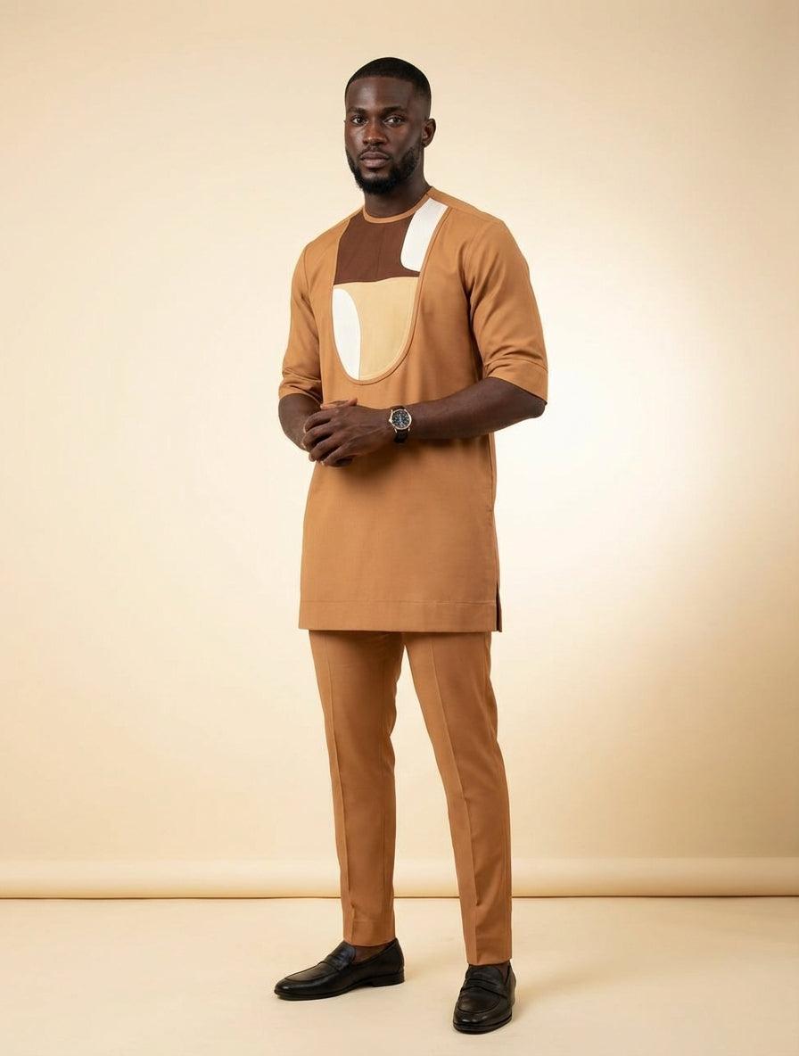 DerightFS Men’s Luxury Camel Brown Senator Wear Set – Modern African Kaftan with Contrast Panel & Slim-Fit Trousers