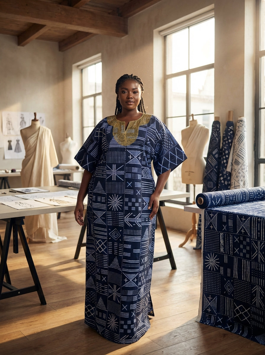 DerightFS Navy Blue African Print Maxi Dress with Gold Embellished Neckline – Elegant Loose Fit Kaftan Gown for Women