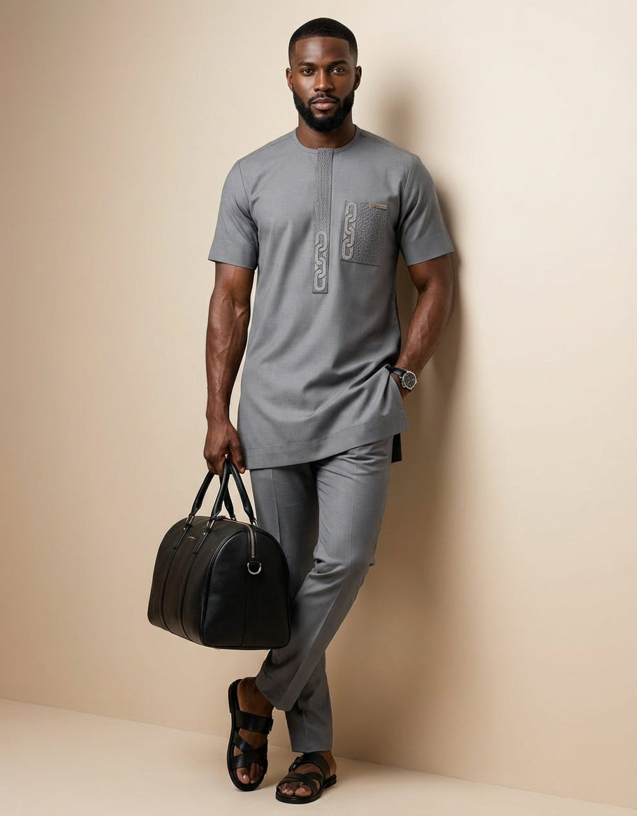DerightFS Men’s Luxury Grey Senator Wear Set – Modern African Traditional Kaftan & Slim-Fit Trouser Outfit