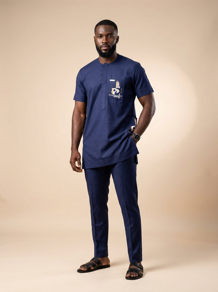 DerightFS Luxury Navy Blue Men’s Traditional Two-Piece Outfit – Modern Short Sleeve African Kaftan & Slim Fit Trousers Set