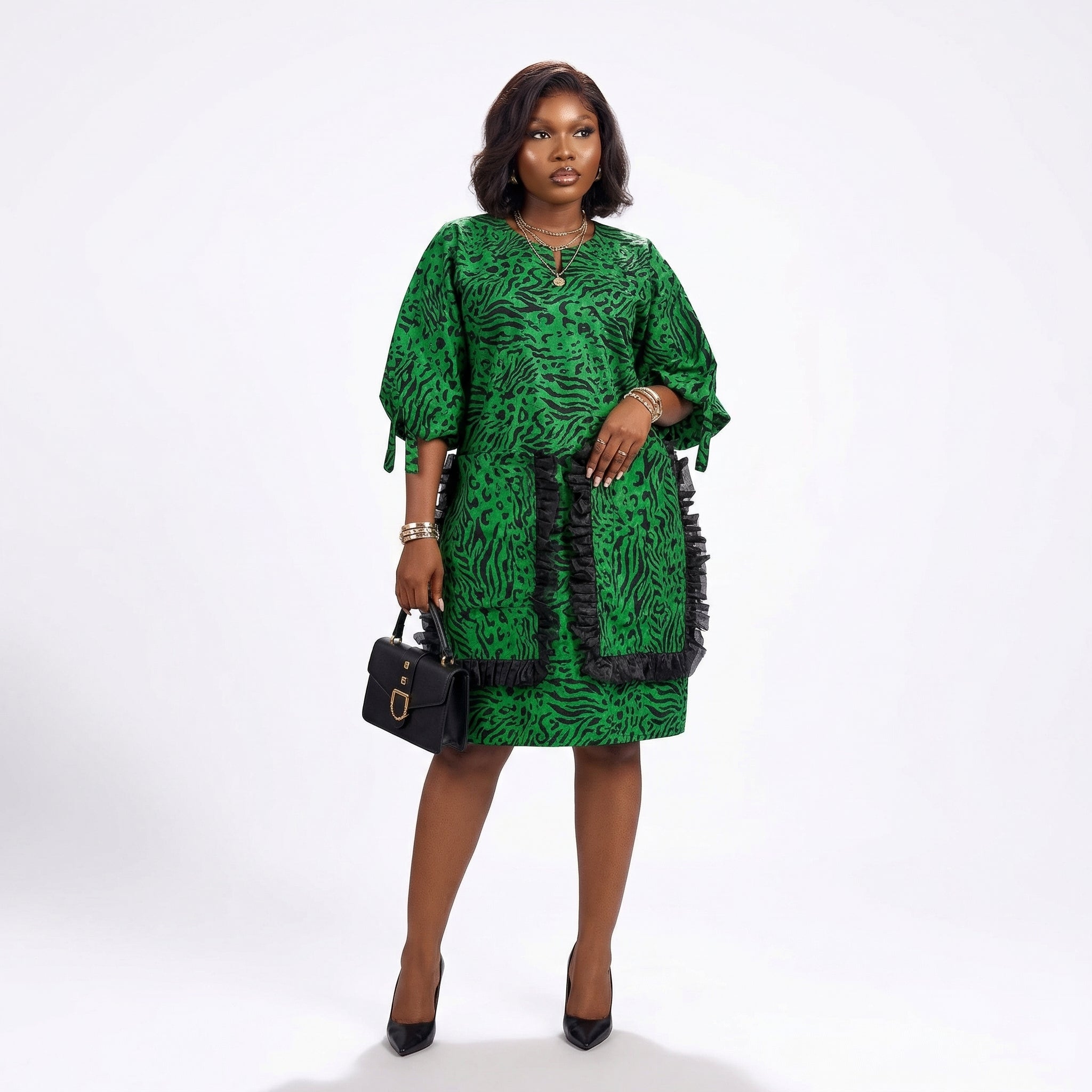 DerightFS Green Ankara Short Dress – African Print Loose Fit Dress with Ruffle Detail, Elegant Women’s Outfit for Parties, Casual & Special Occasions