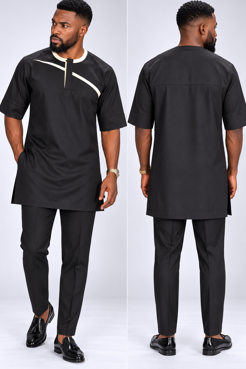 Men's Black Senator Suit with Cream Piping & Short Sleeves | African Native Wear UK