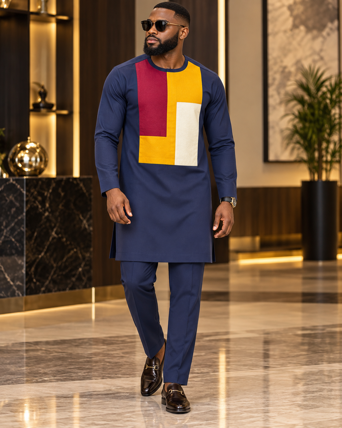 Men’s Navy Blue African Kaftan Two Piece Set with Burgundy, Mustard & Cream Detail