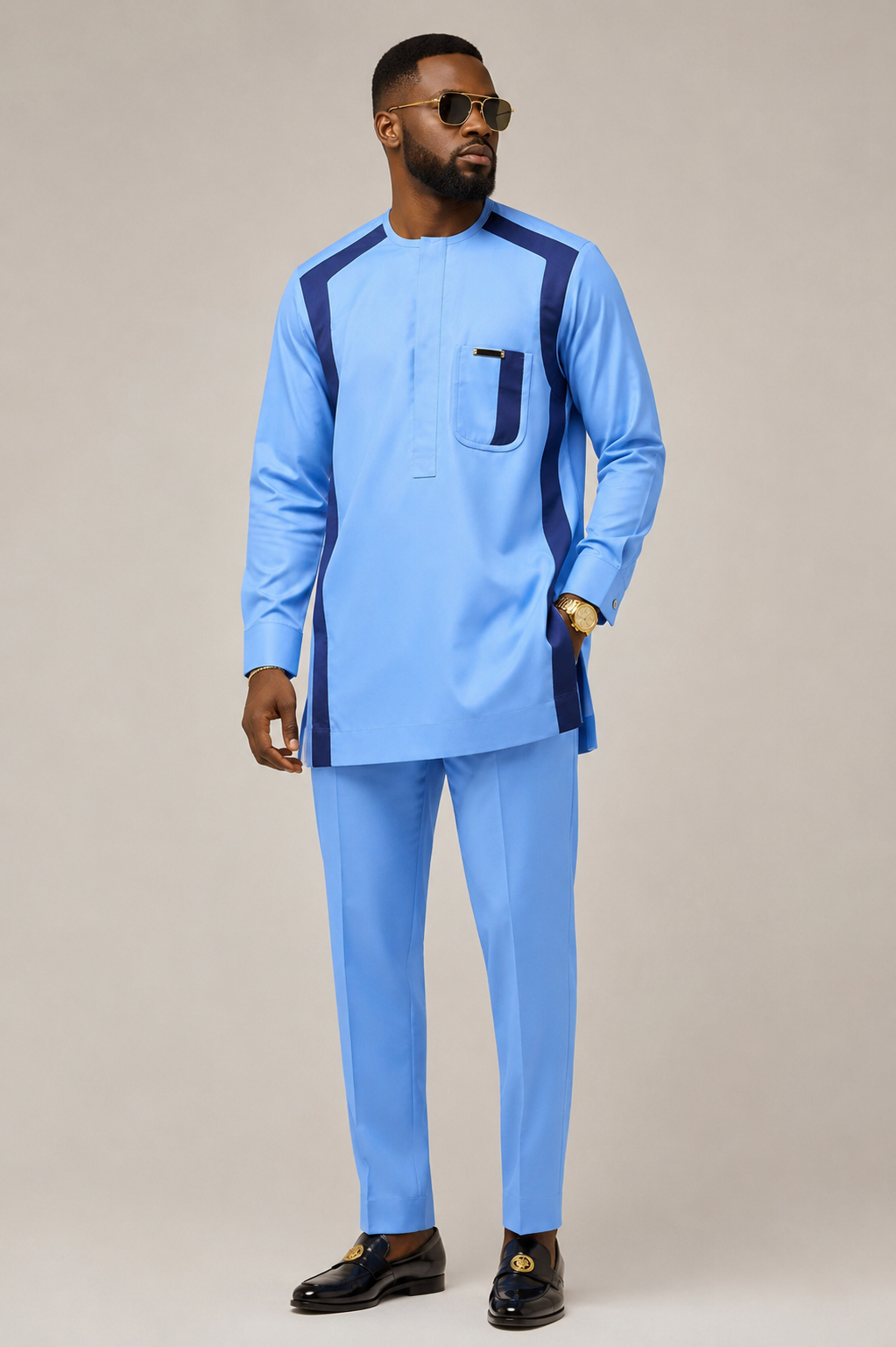 Men's Sky Blue Colour-Block Kaftan Two-Piece | Long Sleeve African Tunic with Navy Trim | Ready to Wear