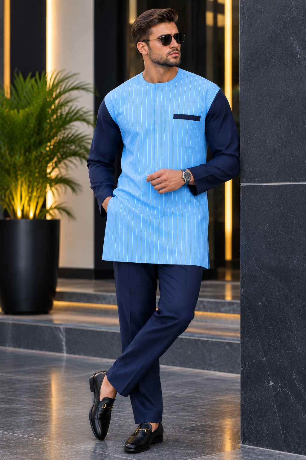 Men’s Sky Blue Pinstripe Kaftan Set with Navy Trousers | Luxury African Menswear