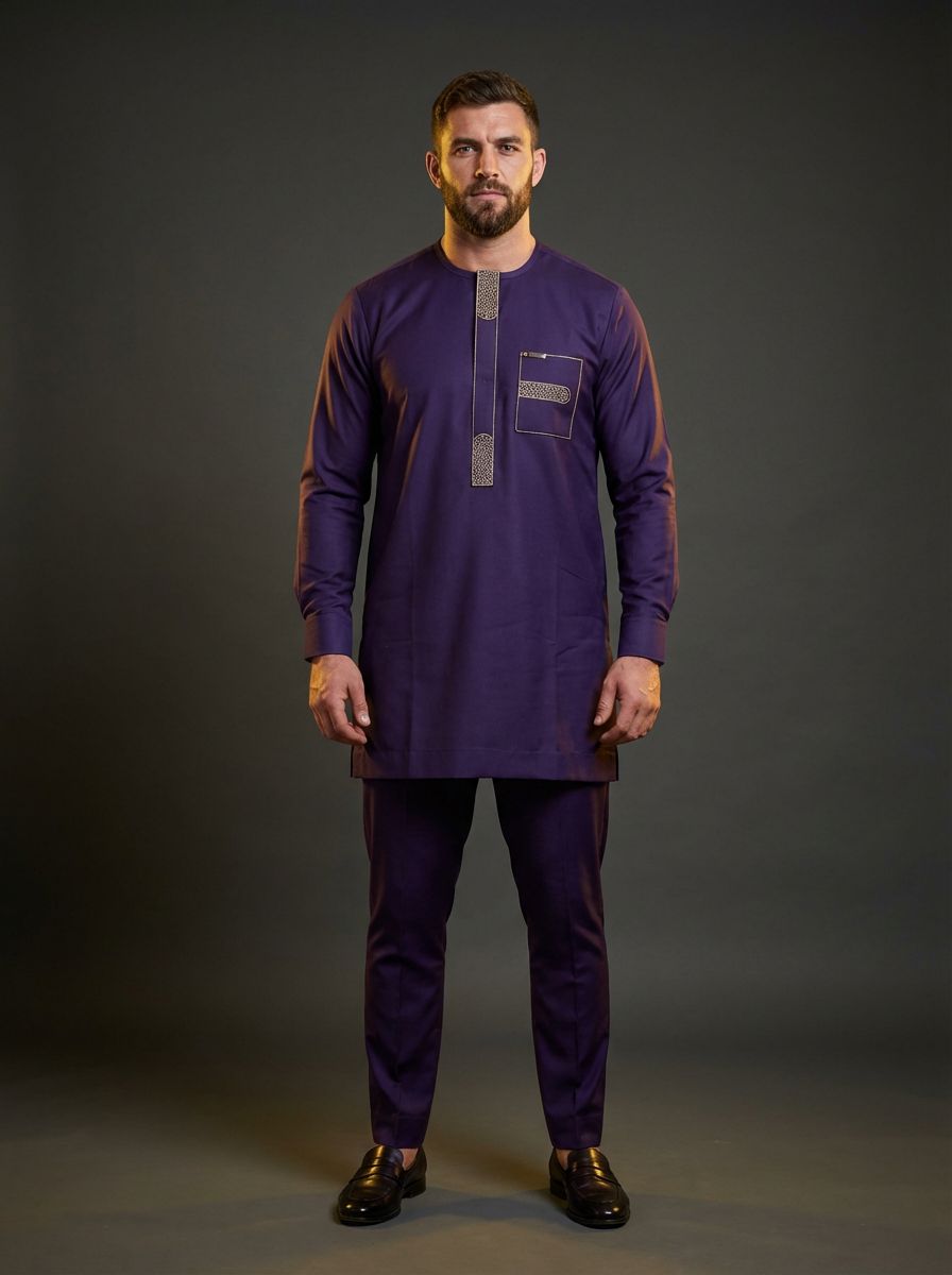 Royal Purple Gold Coral Reef Embroidered Two-Piece Men's Kaftan Senator Suit | Premium African Luxury Menswear | DerightFS