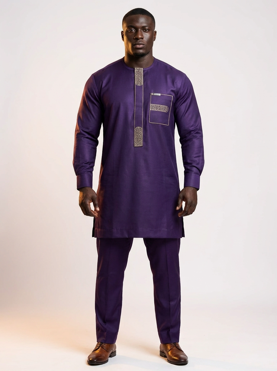 Royal Purple Gold Coral Reef Embroidered Two-Piece Men's Kaftan Senator Suit | Premium African Luxury Menswear | DerightFS