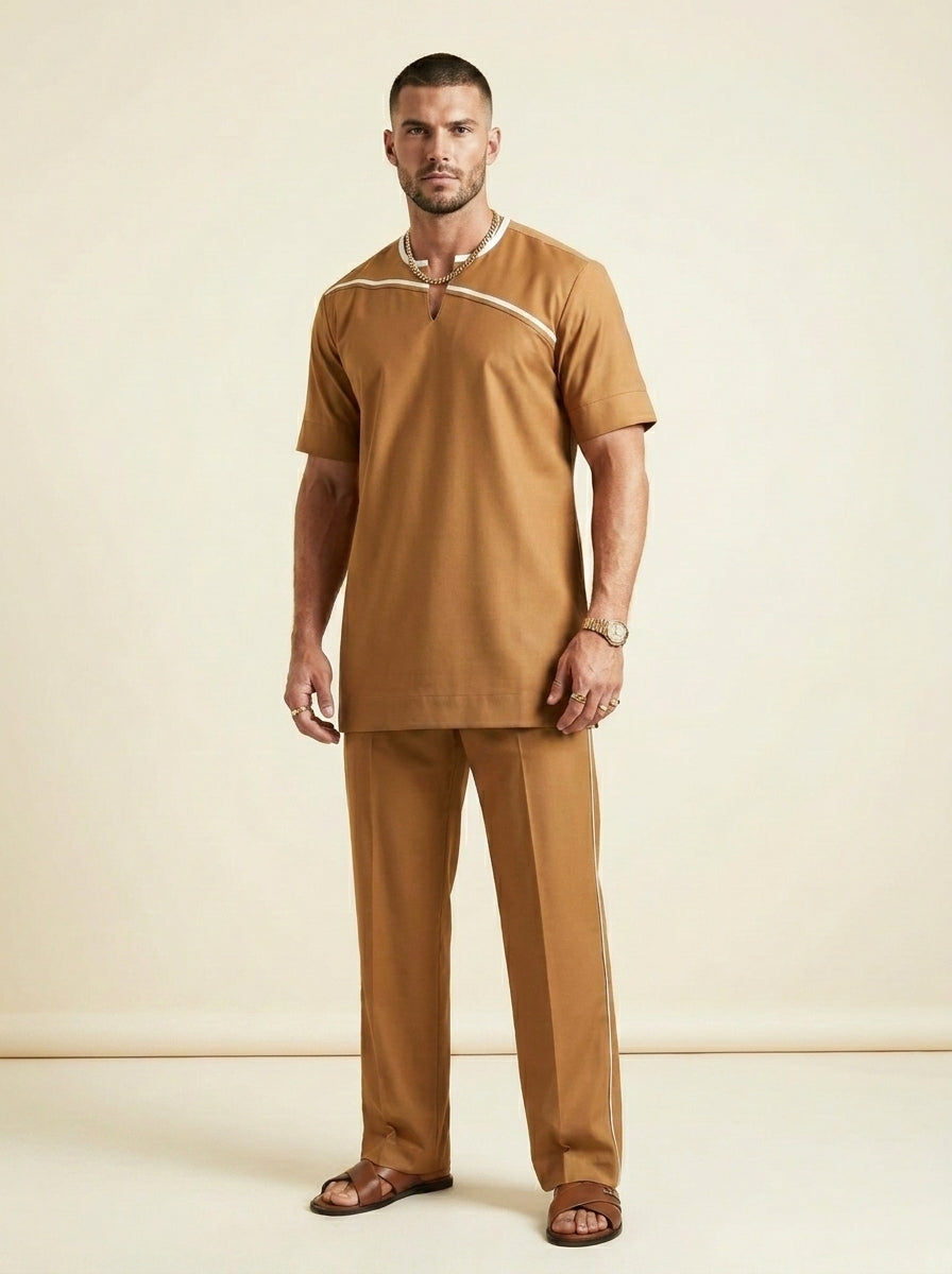 DerightFS Men's Luxury Camel Brown Two-Piece Senator Wear Set – Modern African Short Sleeve Kaftan Top & Wide-Leg Trousers with Contrast Ivory Stripe | Premium African Menswear