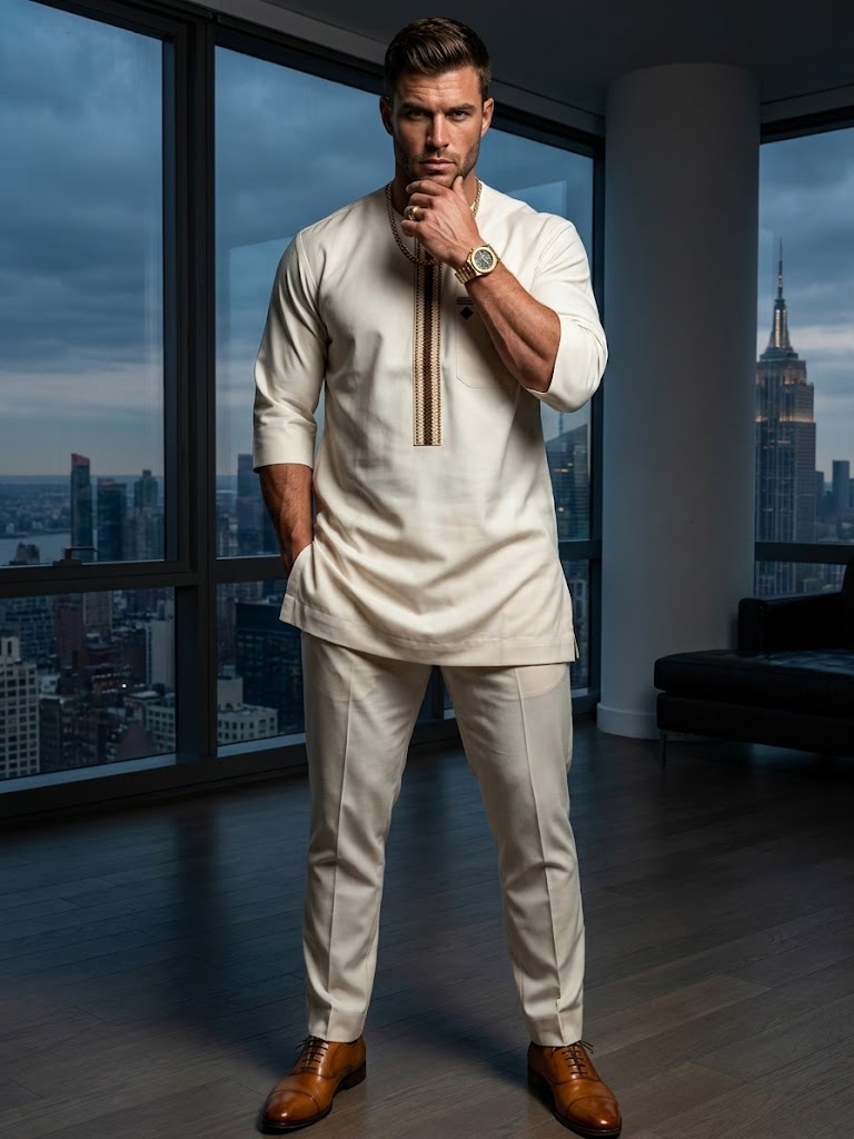 Cream Embroidered Two-Piece Men's Kaftan Senator Suit | Premium African Luxury Menswear | DerightFS