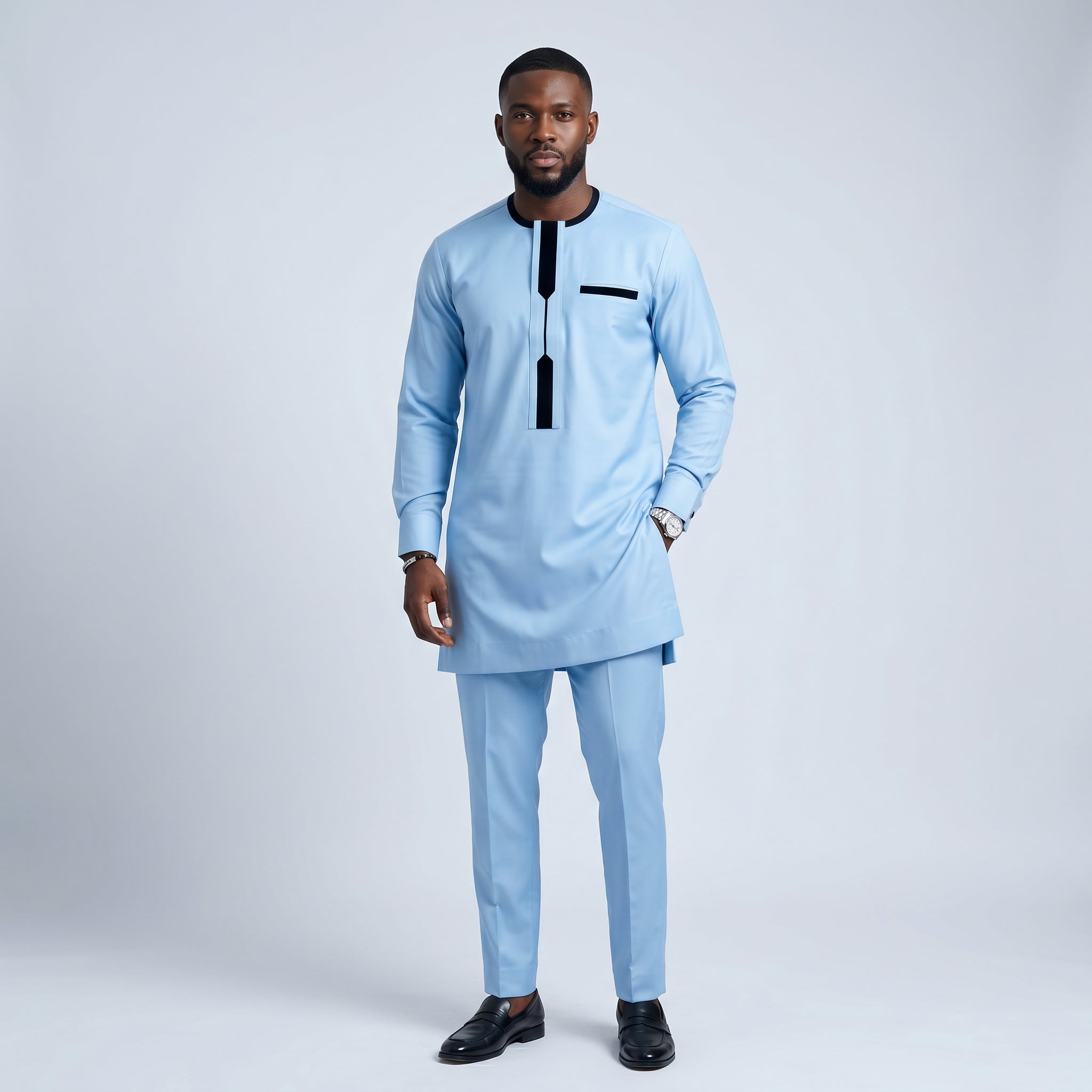 Men's Sky Blue Senator Two-Piece Set | Navy Trim African Occasion Wear UK | DerightFS