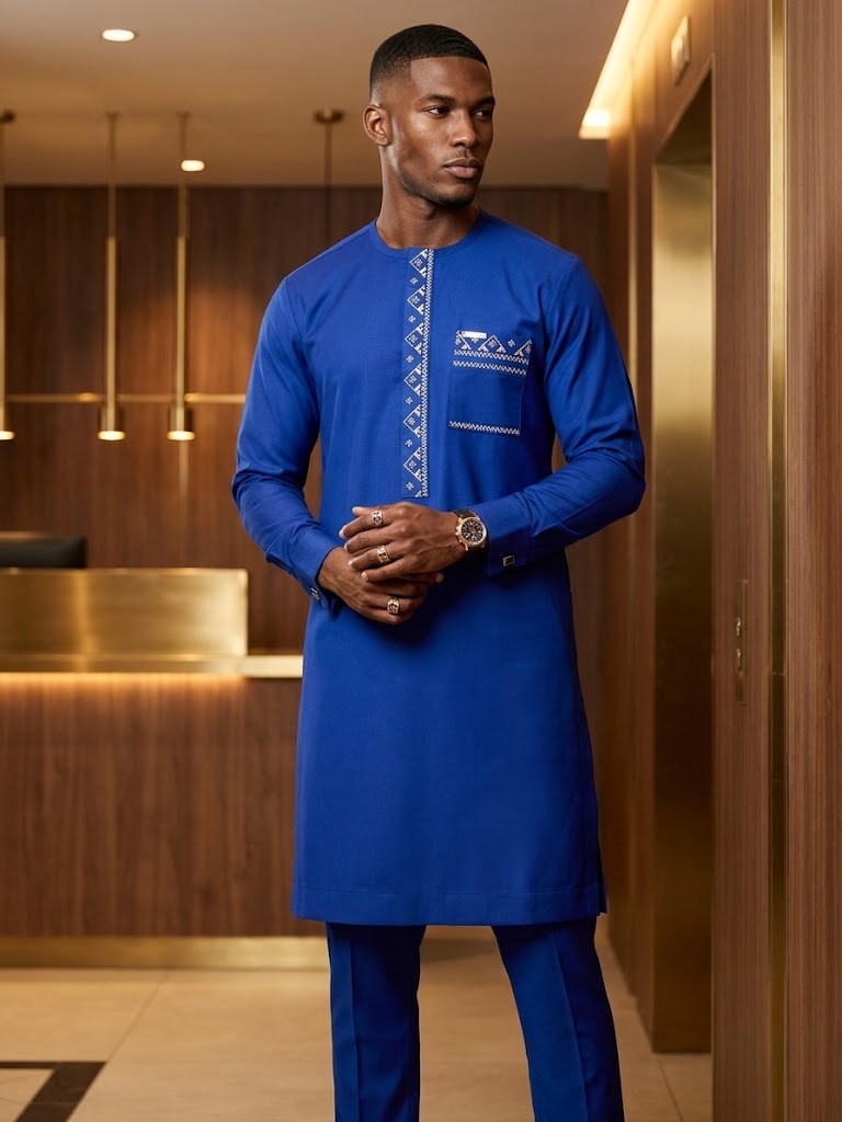 Luxury Royal Blue Embroidered Men’s Kaftan Set, Extended Length Agbada Style, Premium African Senator Outfit | DerightFS