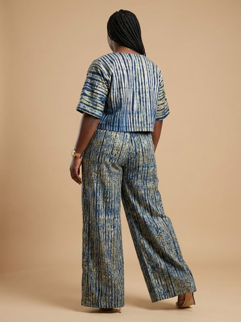 Women's Adire Shibori Print Two-Piece Co-ord Set | Crop Top & Wide Leg Trousers | Ready to Wear | UK Next-Day Delivery