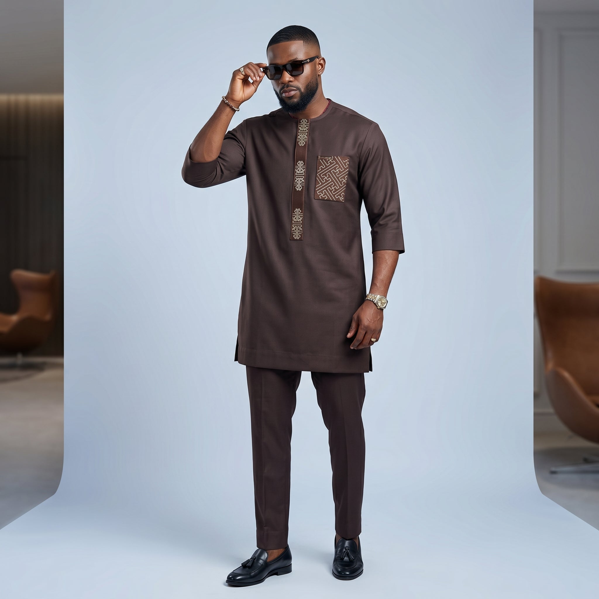 Men's Brown Embroidered Senator Two-Piece Set | Smart Occasion Wear | Ready to Wear | UK Next-Day Delivery